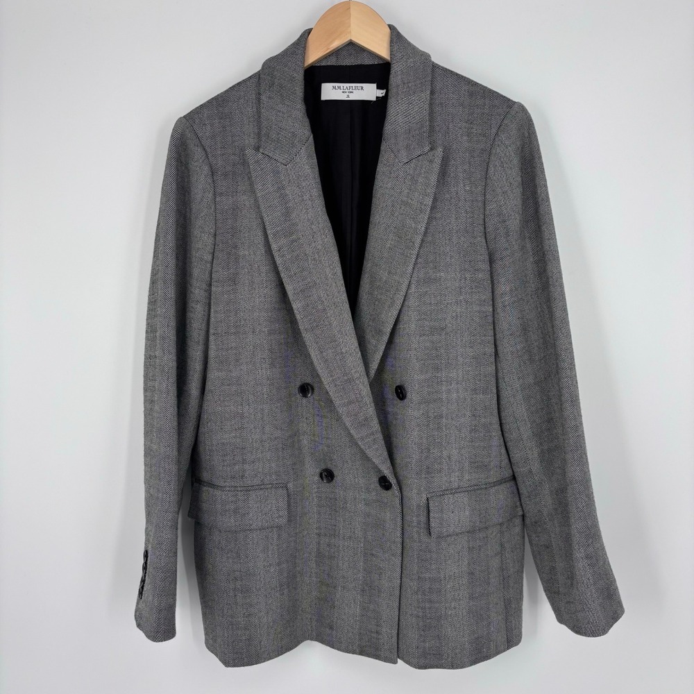 MM LaFleur Double Breasted Herringbone Blazer Women 12 Grey Wool Office Work